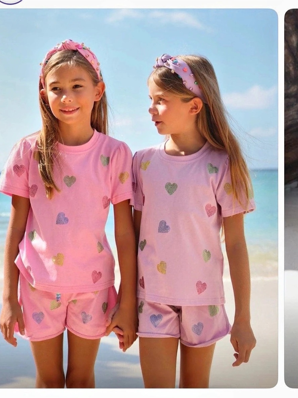 Lola + The Boys Crystal Hearts Short Set Girls Pink Heart Print Size 6